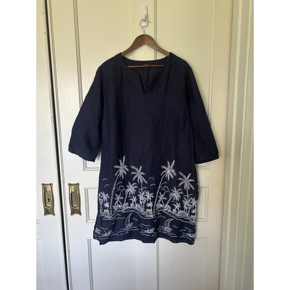 Talbots Tropical Embroidered Linen Shift Dress Womens Size Large Blue Beachy